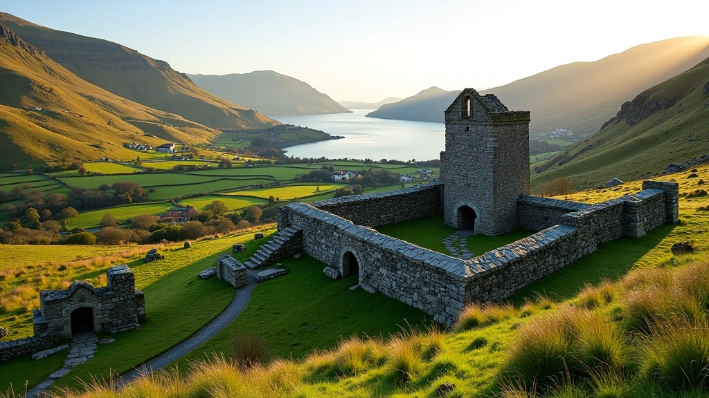 Ancient stone ruins of monastic settlement with Round Tower, green valley and lake in background