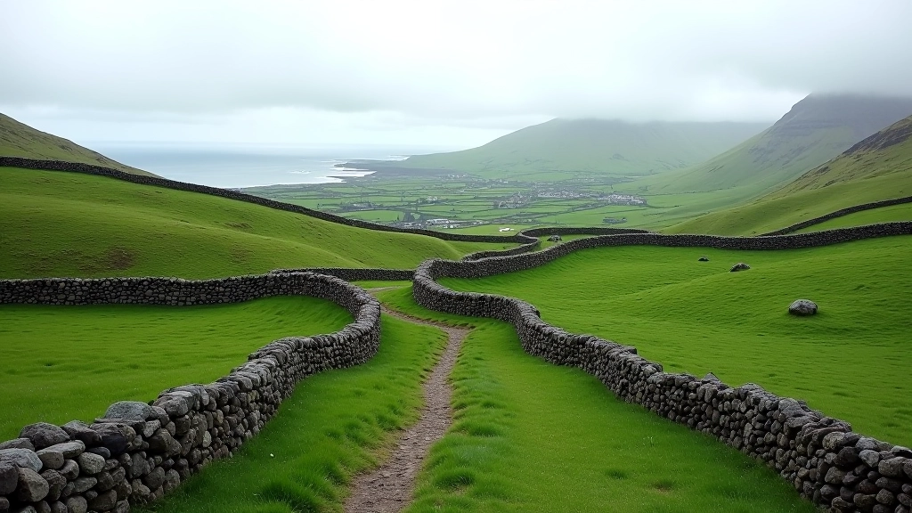 Ancient stone walls running through green fields with distant mountain views in the Burren landscape