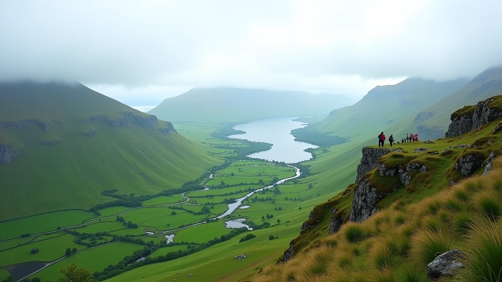 Panoramic valley vista with mountains, lakes, and rolling green landscape, viewing point with people, dramatic cloudy sky, scenic overlook