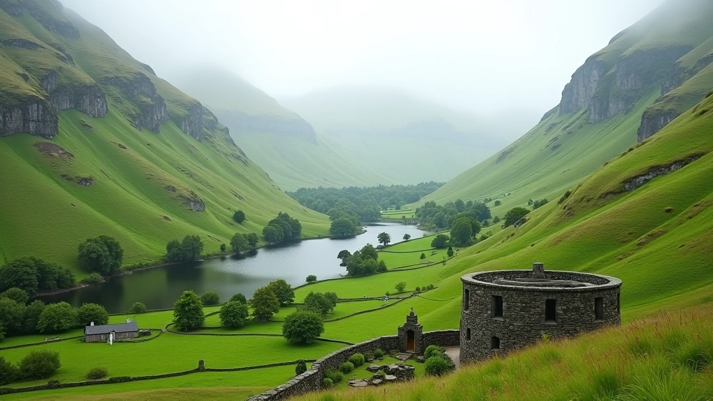 Glendalough valley with monastic ruins and mountain backdrop