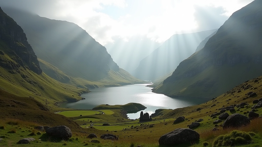 Glendalough valley with two lakes surrounded by mountains and ancient monastic site