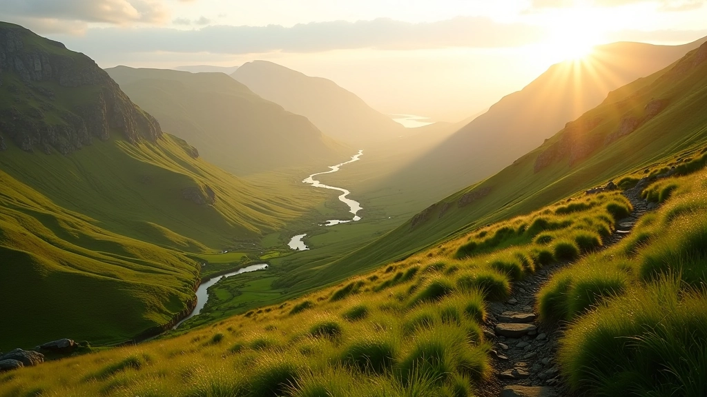 Scenic Irish hiking trail through green hillsides and mountain valley