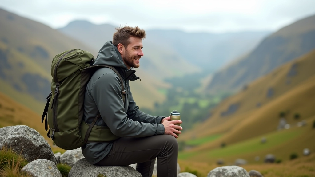 Person sitting on rocky outcrop with backpack, drinking water and eating snacks, scenic valley visible below