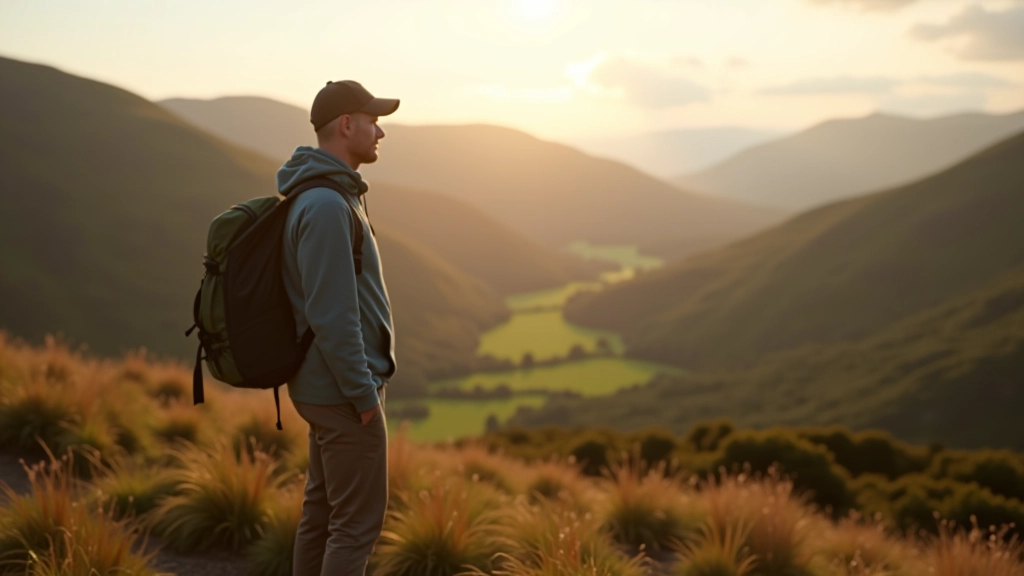 Hiker standing on hillside looking out over Irish valley with mountains in distance, warm afternoon light