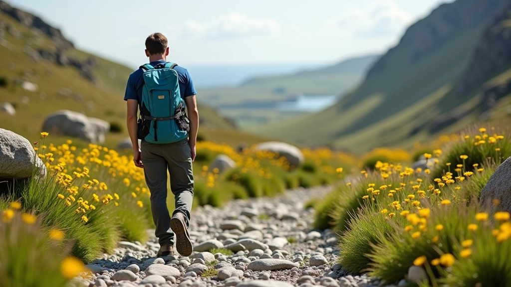 Hiker standing on exposed limestone pavement with wildflowers growing between the rocks in summer
