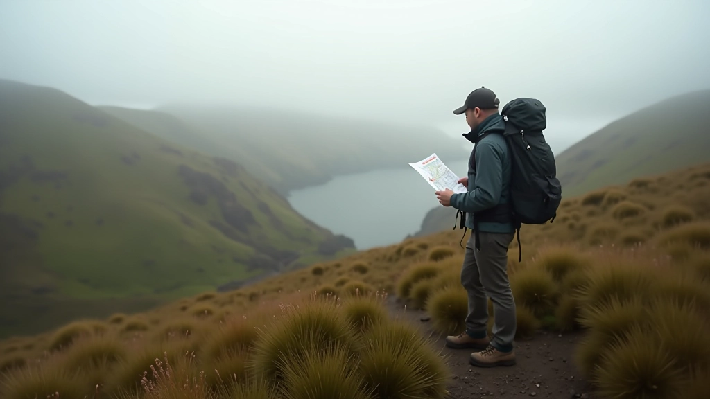 Hiker studying map while planning trail route on Irish mountainside