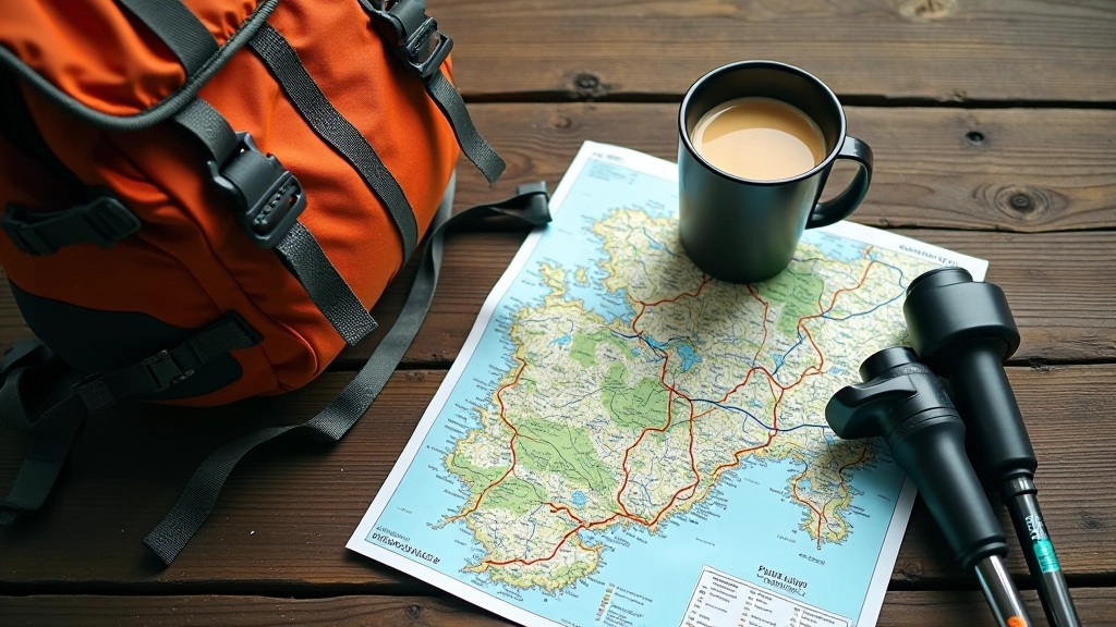 Hiking backpack and topographic map laid out on wooden table for day hike planning