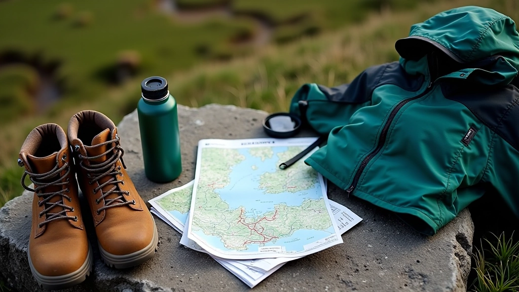 Hiking boots and map laid out on limestone surface with water bottle and weather-appropriate clothing