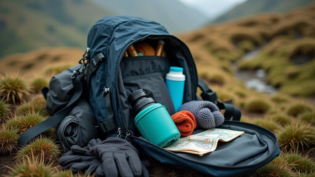 Hiking backpack with essentials laid out, map, water bottle, snacks, weather-appropriate clothing on outdoor surface, organized gear