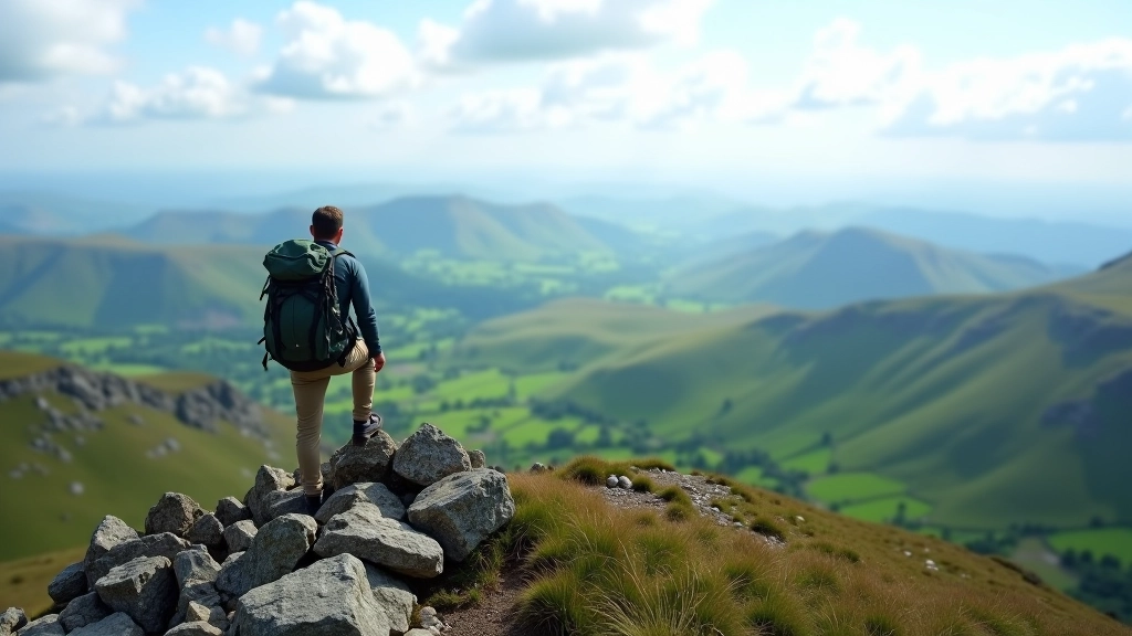 Rocky mountain summit with expansive valley views, hiking trail visible below, green landscape stretching to horizon, person standing at peak, clear sky