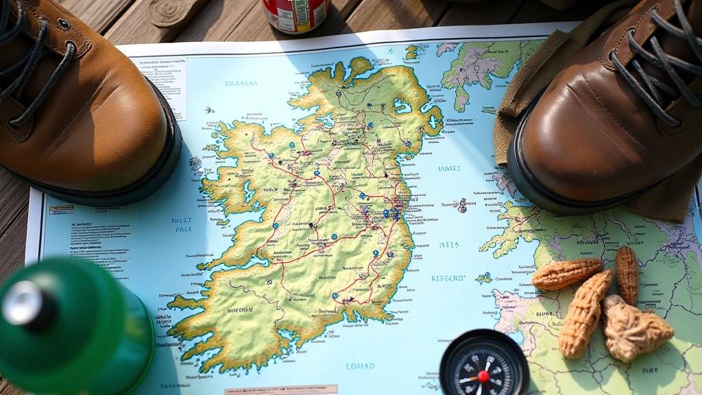 Detailed close-up of topographic map with compass, hiking boots and snacks arranged on the map