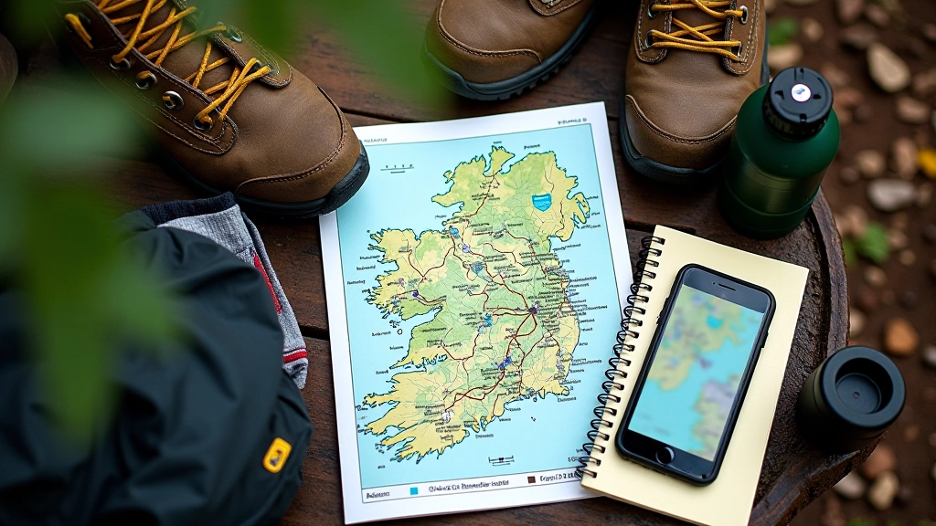 Hiker preparing for Irish day hike with map and gear