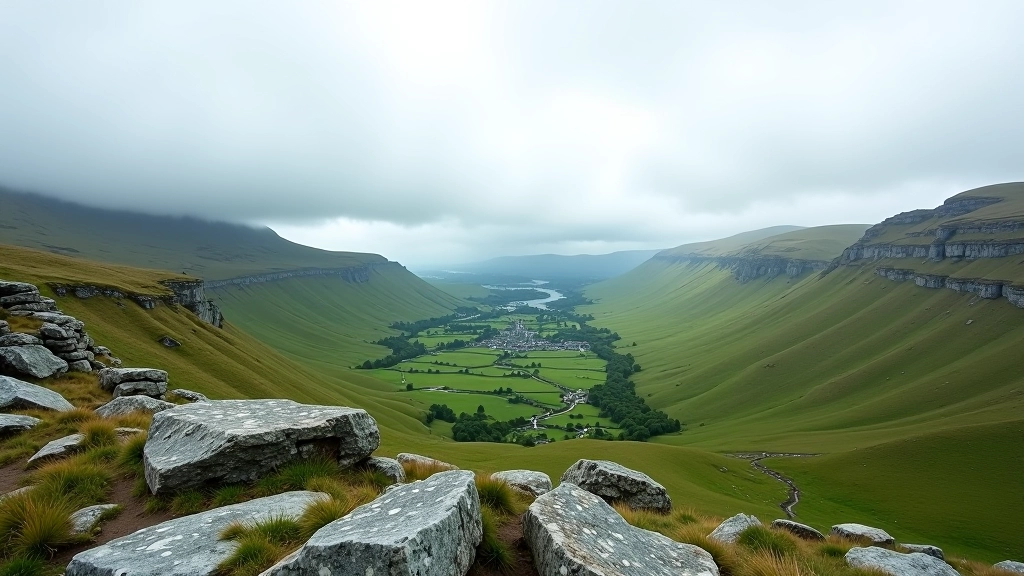 Panoramic view from high point showing sprawling limestone terrain with valleys and distant coastal hills