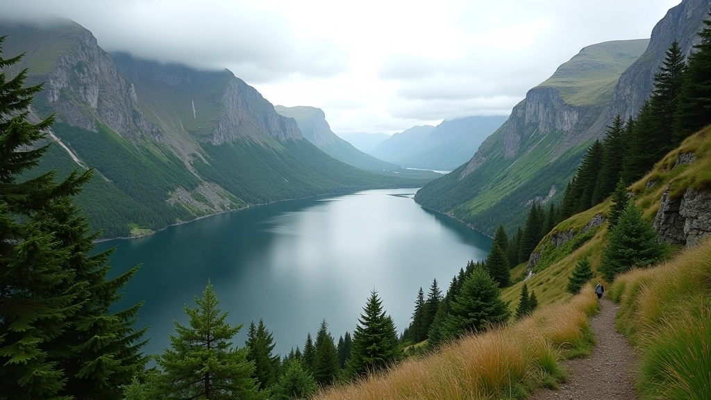 Mountain lake surrounded by steep cliffs, coniferous forest on slopes, hikers visible on distant trail