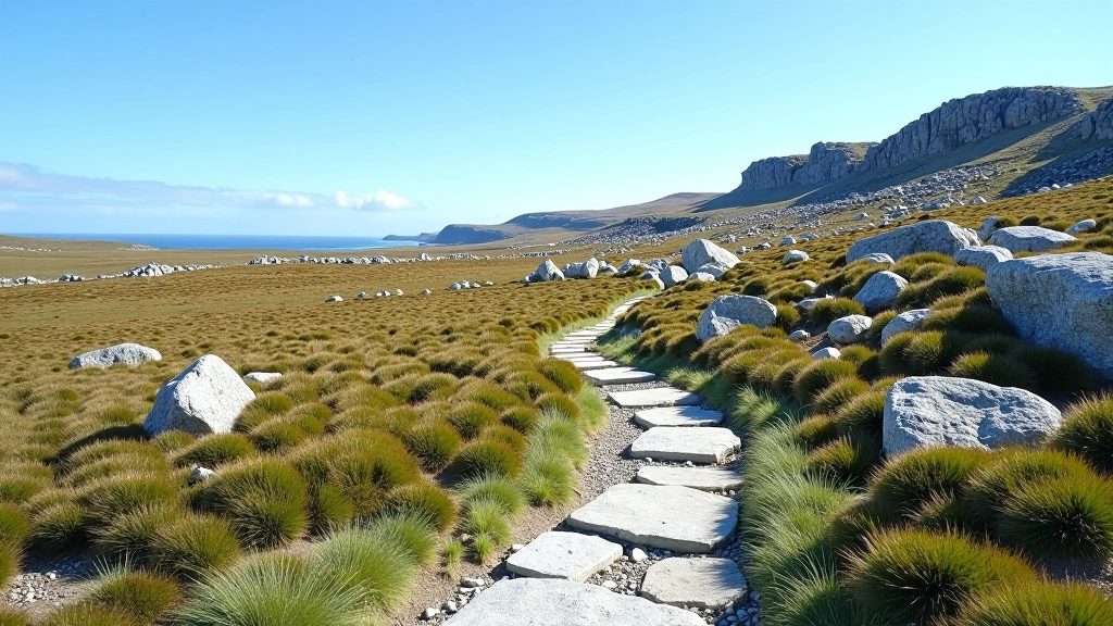 Rocky limestone terrain with sparse vegetation typical of the Burren landscape under blue sky