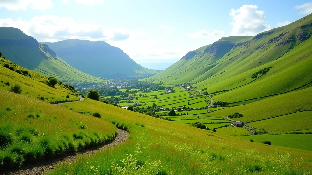 Scenic green valley with hiking trails through Killarney National Park
