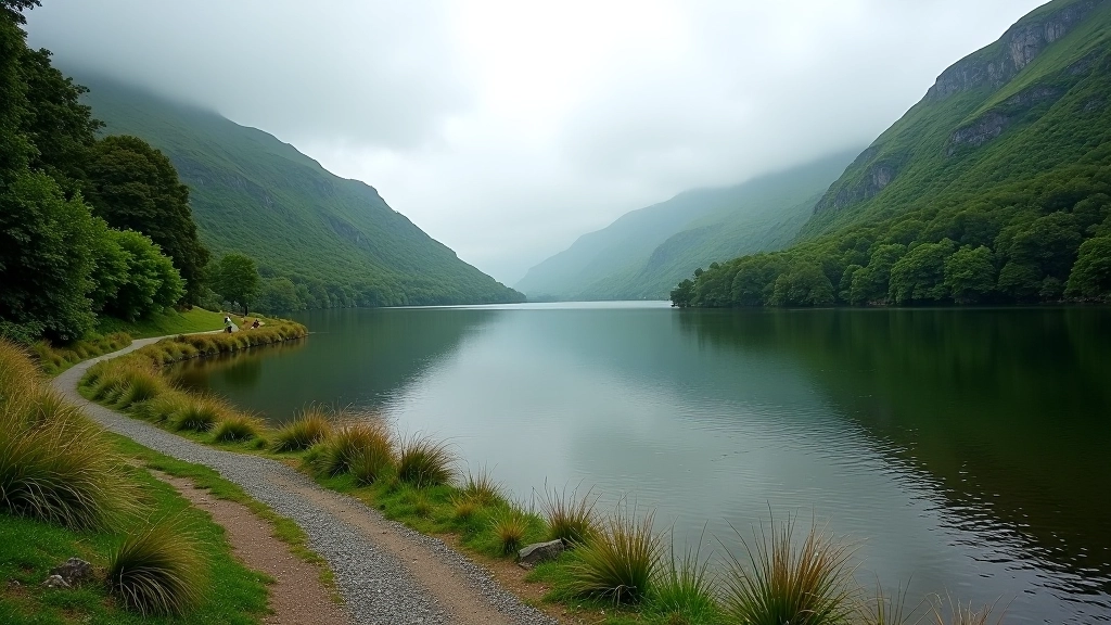 Serene lake view with reflections of mountains and forests, person walking on trail beside water, overcast Irish day