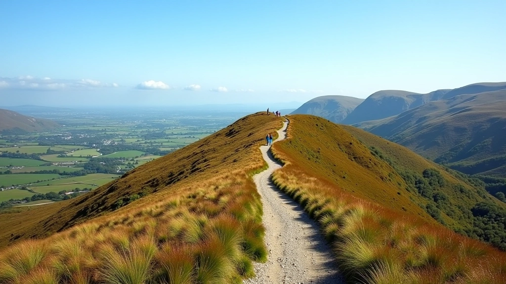 Ridge trail winding through moorland with panoramic valley views, distant mountains, clear sky