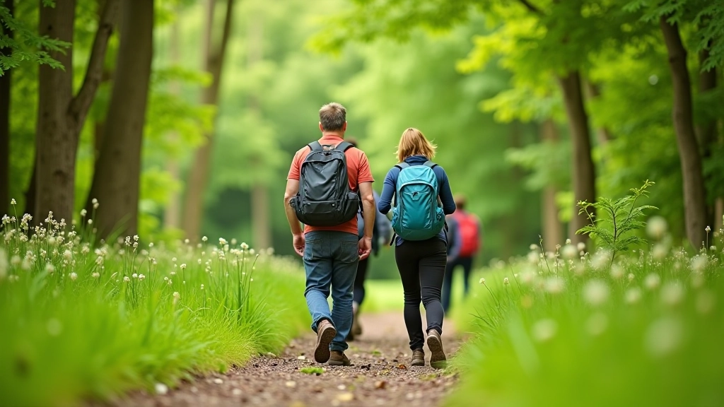 Hiking group of mixed ages walking together on forest trail, casual pace, people chatting, natural daylight through trees, Irish landscape